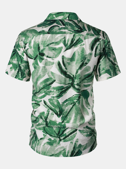 Men's Green Tropical Leaves Print Pocket Hawaiian Short Sleeve Shirt