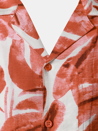 Men's Red Tropical Leaves Print Pocket Hawaiian Short Sleeve Shirt
