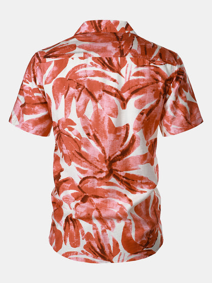 Men's Red Tropical Leaves Print Pocket Hawaiian Short Sleeve Shirt