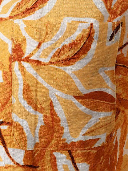 Men's Yellow Tropical Print Pocket Hawaiian Short Sleeve Shirt