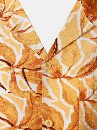 Men's Yellow Tropical Print Pocket Hawaiian Short Sleeve Shirt