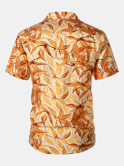 Men's Yellow Tropical Print Pocket Hawaiian Short Sleeve Shirt