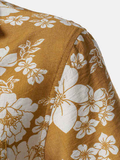 Men's Yellow Floral Pocket Resort Short Sleeve Shirt