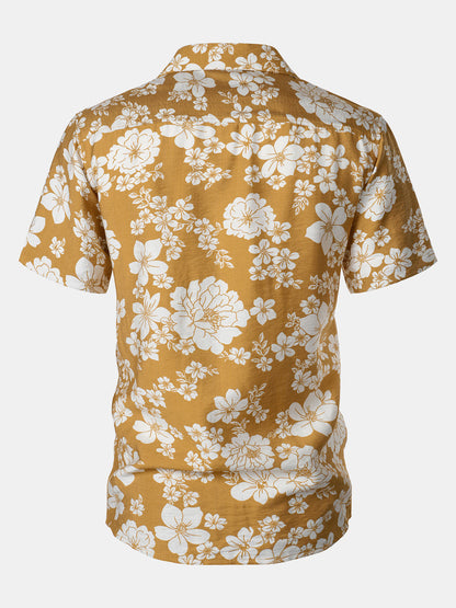 Men's Yellow Floral Pocket Resort Short Sleeve Shirt
