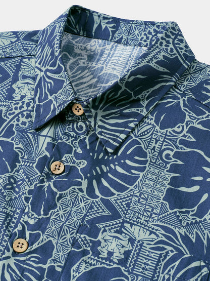Men's Breathable Short Sleeve Tropical Botanical Cotton Shirt