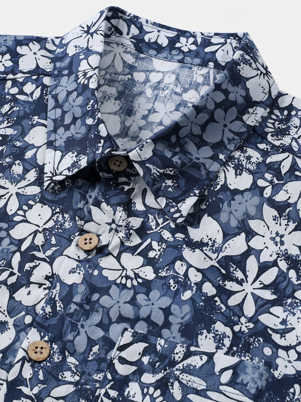 Men's Short Sleeve Cotton Breathable Island Holiday Hibiscus Print Retro Shirt
