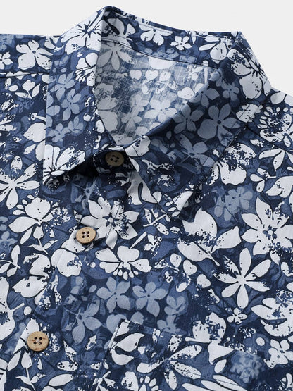 Men's Short Sleeve Cotton Breathable Island Holiday Hibiscus Print Retro Shirt
