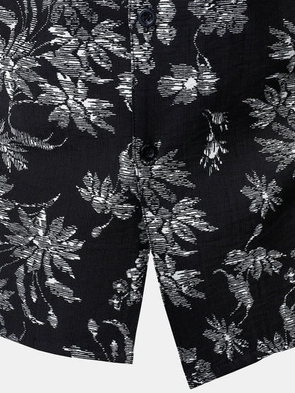 Men's Black Tropical Floral Print Casual Hawaiian Shirt