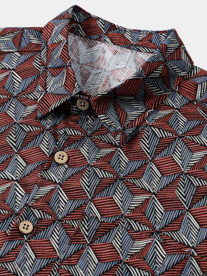 Men’s Geometric Pattern Short Sleeve Button Up Breathable Cool Everyday Casual Shirt