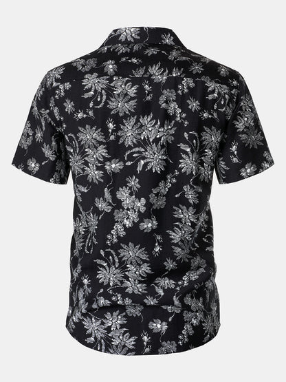 Men's Black Tropical Floral Print Casual Hawaiian Shirt
