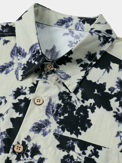 Men's Short Sleeve Ink Wash Floral Cotton Resort Shirt