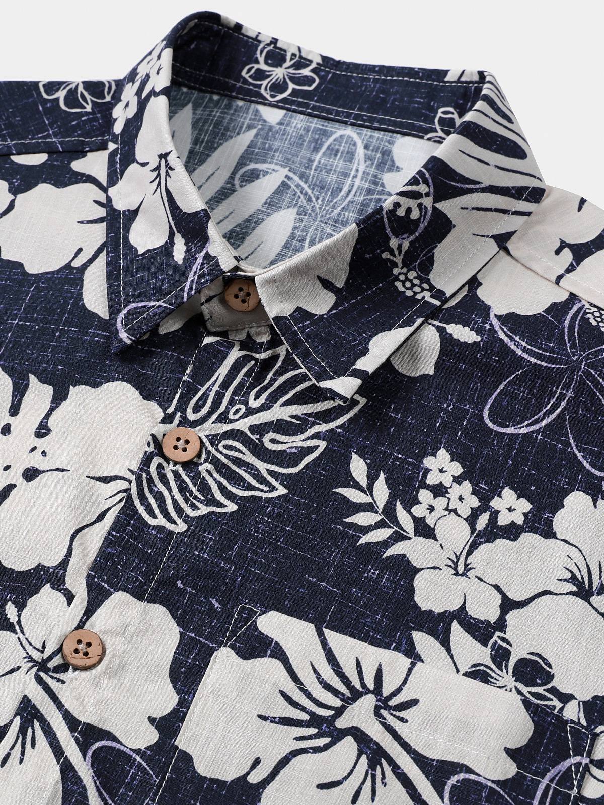 Men's Short Sleeve Cotton Breathable Island Holiday Blossom Pattern Vintage Shirt