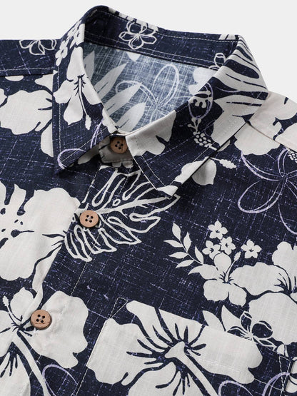 Men's Short Sleeve Cotton Breathable Island Holiday Blossom Pattern Vintage Shirt
