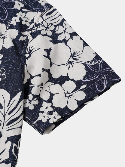 Men's Short Sleeve Cotton Breathable Island Holiday Blossom Pattern Vintage Shirt