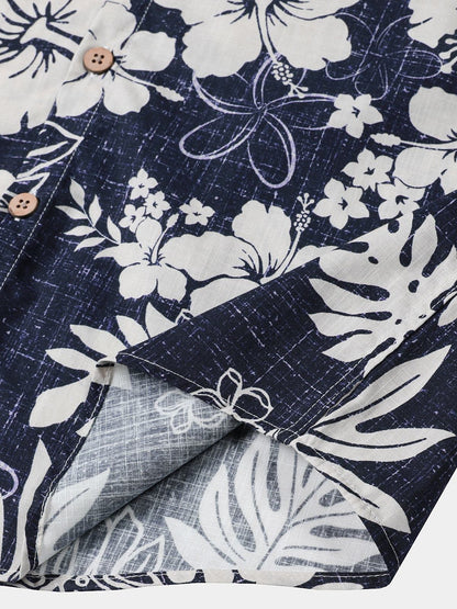 Men's Short Sleeve Cotton Breathable Island Holiday Blossom Pattern Vintage Shirt