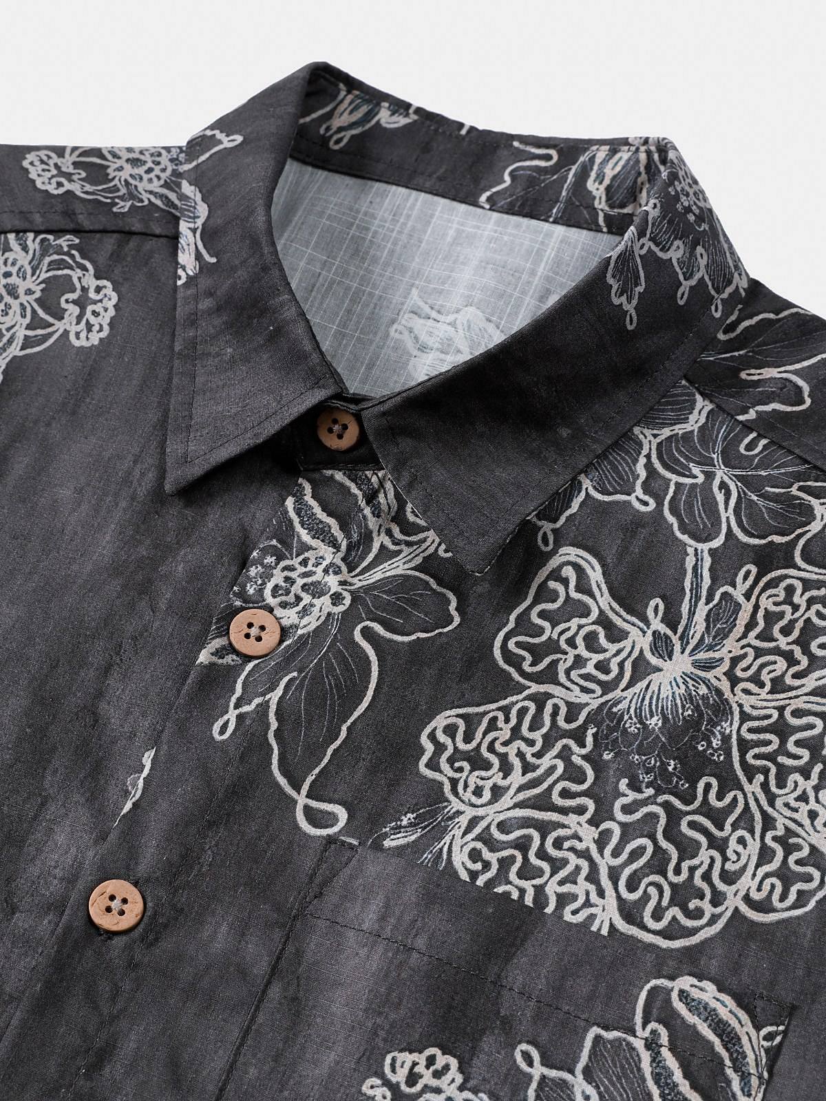 Men's Short Sleeve Cotton Breathable Island Holiday Sketch Floral Retro Shirt