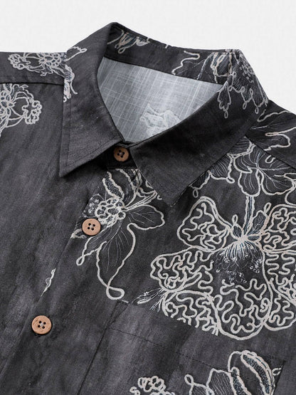 Men's Short Sleeve Cotton Breathable Island Holiday Sketch Floral Retro Shirt