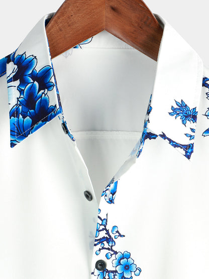 Men's Blue Floral Printed Button Up Short Sleeve Casual Shirt