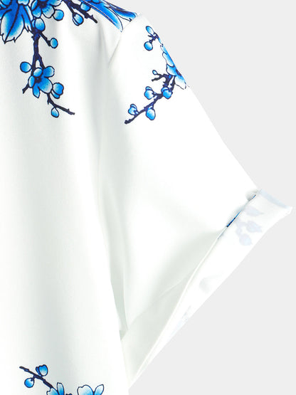 Men's Blue Floral Printed Button Up Short Sleeve Casual Shirt