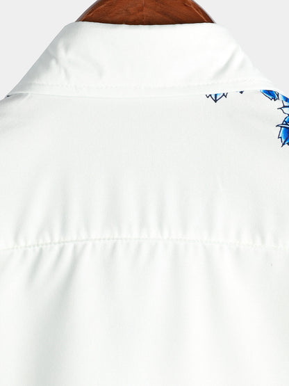 Men's Blue Floral Printed Button Up Short Sleeve Casual Shirt