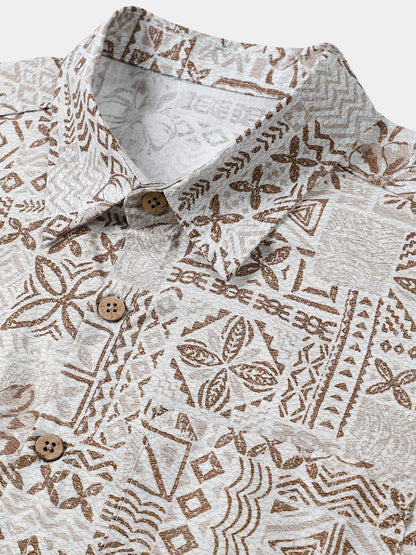 Men's Short Sleeve Cotton Breathable Bohemian Retro Geometric Print Resort Shirt
