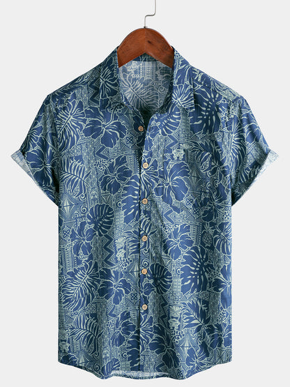 Men's Breathable Short Sleeve Tropical Botanical Cotton Shirt