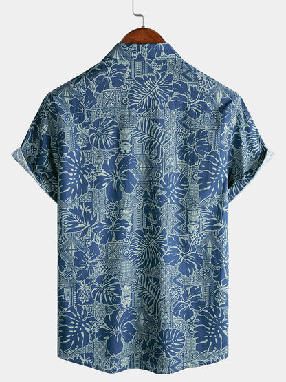 Men's Breathable Short Sleeve Tropical Botanical Cotton Shirt