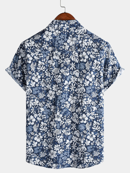 Men's Short Sleeve Cotton Breathable Island Holiday Hibiscus Print Retro Shirt
