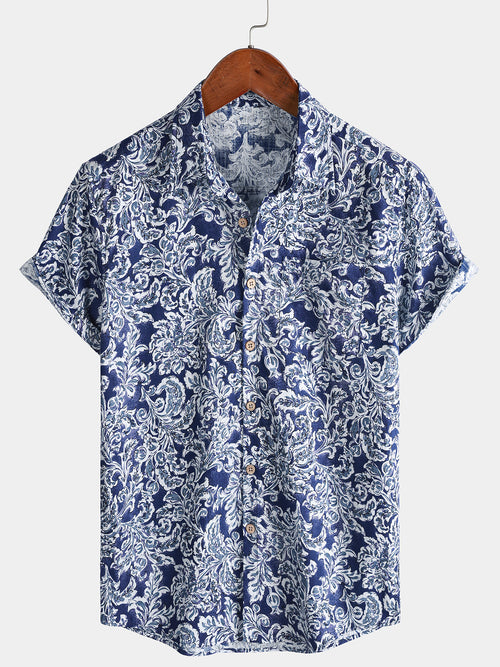 Men’s Classic Floral Short Sleeve Button Up Breathable Cool Vacation Shirt