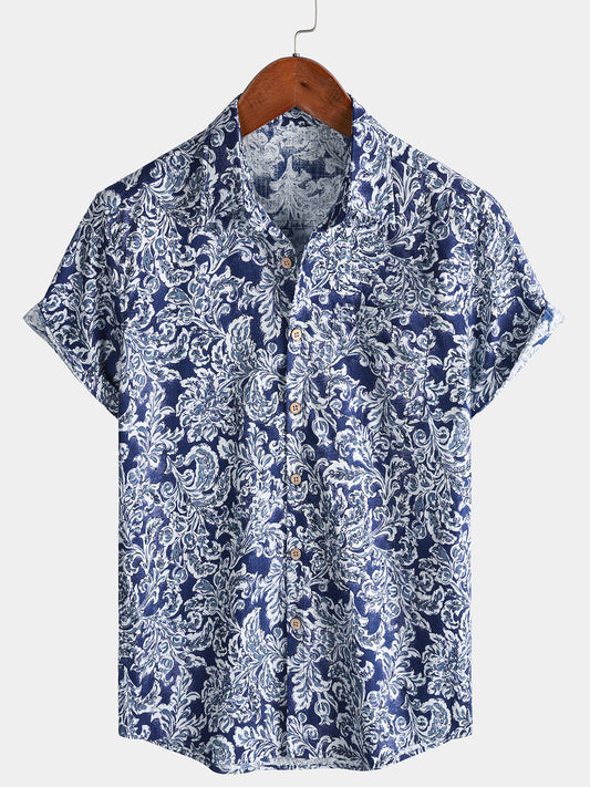 Men’s Classic Floral Short Sleeve Button Up Breathable Cool Vacation Shirt