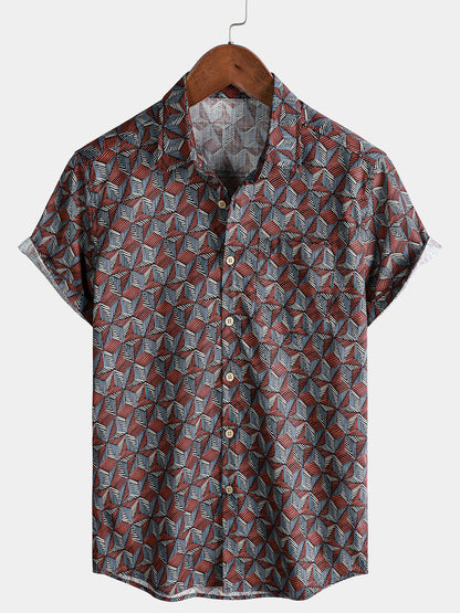 Men’s Geometric Pattern Short Sleeve Button Up Breathable Cool Everyday Casual Shirt