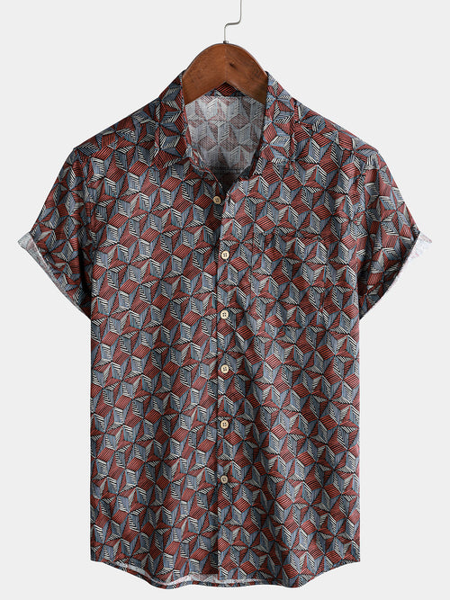 Men’s Geometric Pattern Short Sleeve Button Up Breathable Cool Everyday Casual Shirt