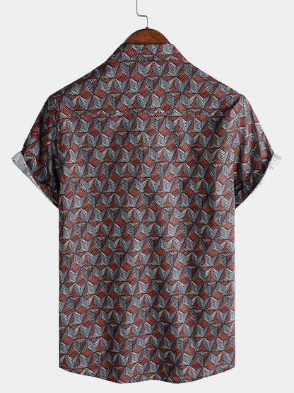 Men’s Geometric Pattern Short Sleeve Button Up Breathable Cool Everyday Casual Shirt