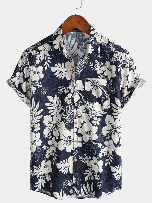 Men's Short Sleeve Cotton Breathable Island Holiday Blossom Pattern Vintage Shirt