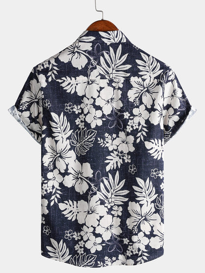 Men's Short Sleeve Cotton Breathable Island Holiday Blossom Pattern Vintage Shirt