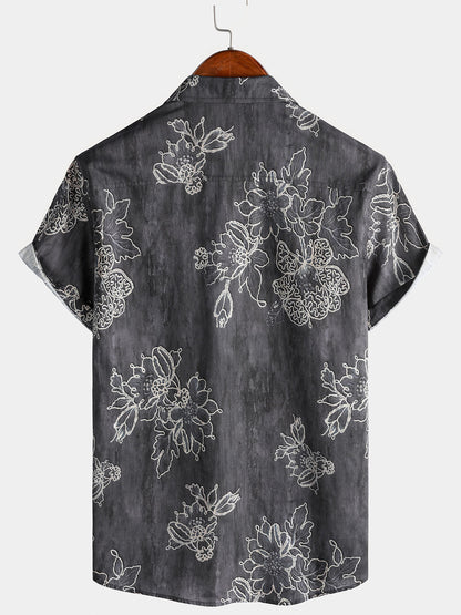 Men's Short Sleeve Cotton Breathable Island Holiday Sketch Floral Retro Shirt