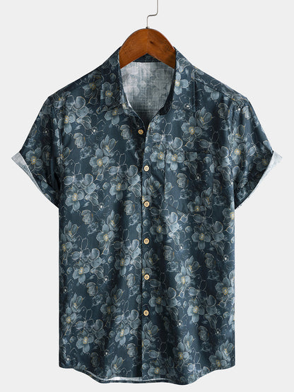 Men’s Classic Vintage Floral Short Sleeve Button Down Breathable Cool Casual Shirt
