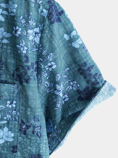 Men's Blue Floral Holiday Casual Pocket Short Sleeve Retro Shirt