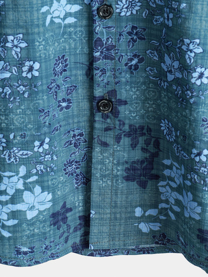 Men's Blue Floral Holiday Casual Pocket Short Sleeve Retro Shirt