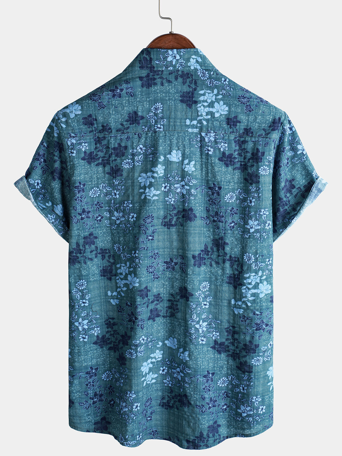 Men's Blue Floral Holiday Casual Pocket Short Sleeve Retro Shirt