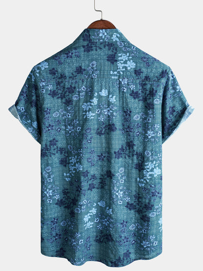 Men's Blue Floral Holiday Casual Pocket Short Sleeve Retro Shirt
