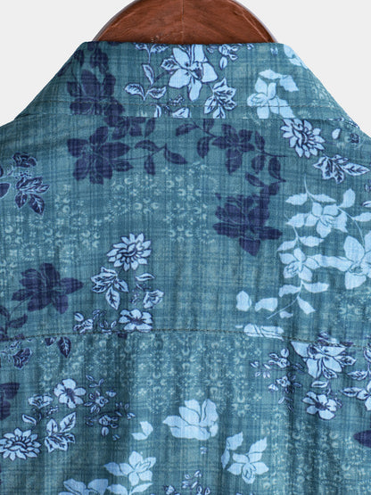 Men's Blue Floral Holiday Casual Pocket Short Sleeve Retro Shirt
