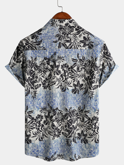 Men's Short Sleeve Cotton Breathable Retro Bohemian Botanical Print Island Holiday Shirt