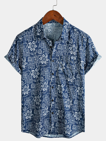 Men's Boho Casual Navy Blue Geometric Floral Print Short Sleeve Shirt