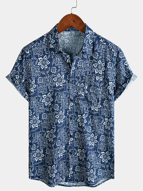 Men's Boho Casual Navy Blue Geometric Floral Print Short Sleeve Shirt