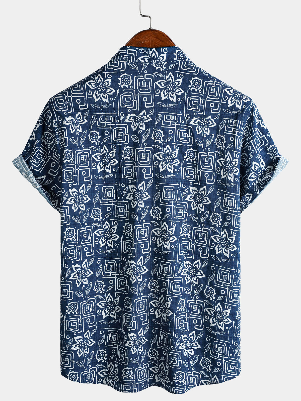 Men's Boho Casual Navy Blue Geometric Floral Print Short Sleeve Shirt