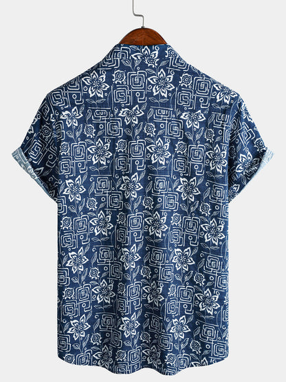Men's Boho Casual Navy Blue Geometric Floral Print Short Sleeve Shirt
