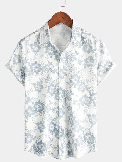Men's Vintage Floral Print Flower Holiday Cotton Linen Breathable Short Sleeve Button Up White Hawaiian Summer Shirt