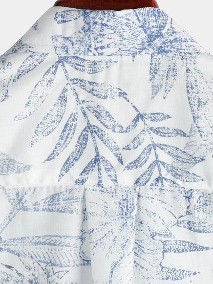 Men's Summer Retro Floral Print Pocket Floral Short Sleeve Button Up White Hawaiian Shirt