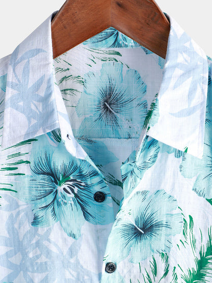 Men's Floral Tropical Button Up Blue Hibiscus Summer Holiday Beach Hawaiian Short Sleeve Shirt